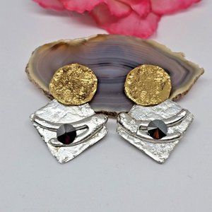 Vintage Signed J. JANSEN Brutalist Style Clip On Earrings Silver Gold Tone